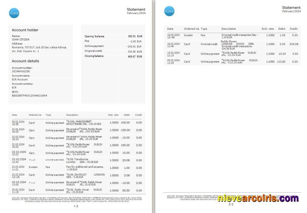 Ukraine Icard bank statement 3 – 6 months Word and PDF example, 2 pages
